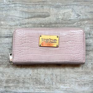Bebe Los Angeles Blush Pink Croc Embossed Zip Around Wallet Gold Logo Y2K
